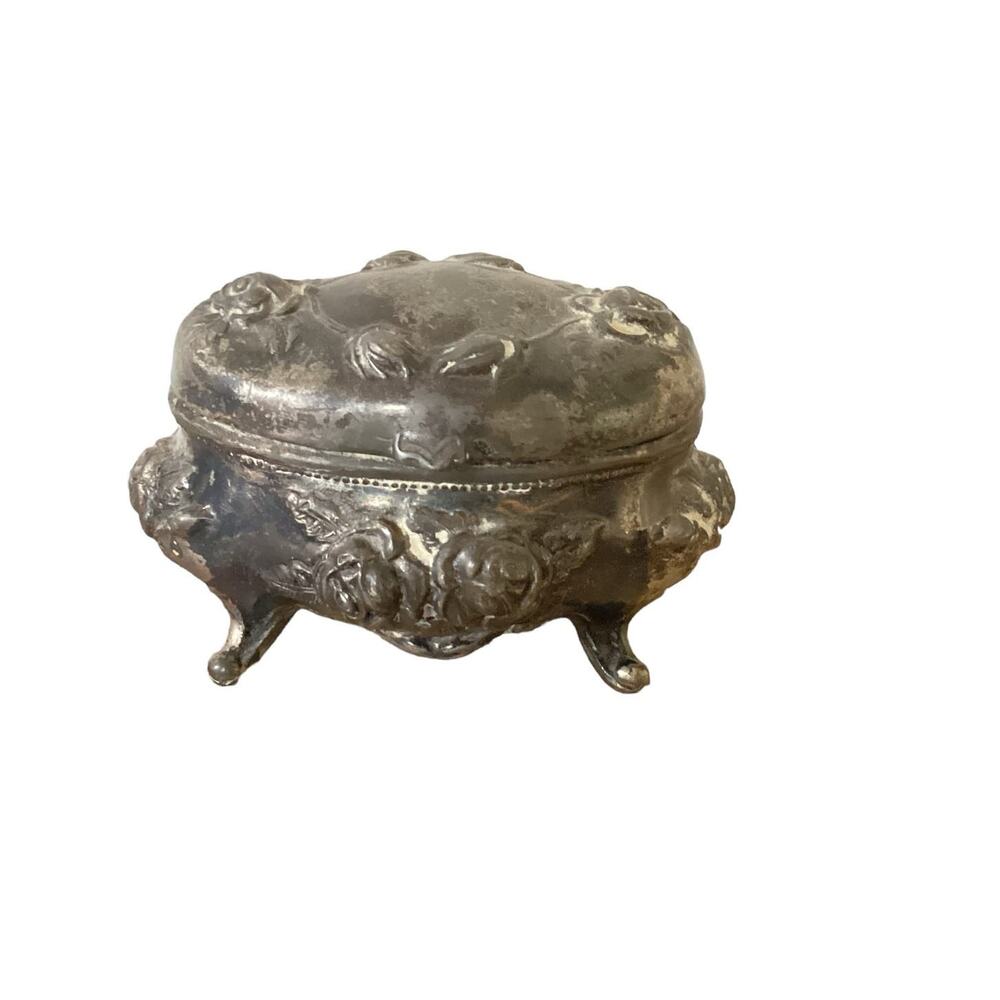 Antique Rose Art Nouveau Jewelry Casket Silverplate Trinket Box Flowers